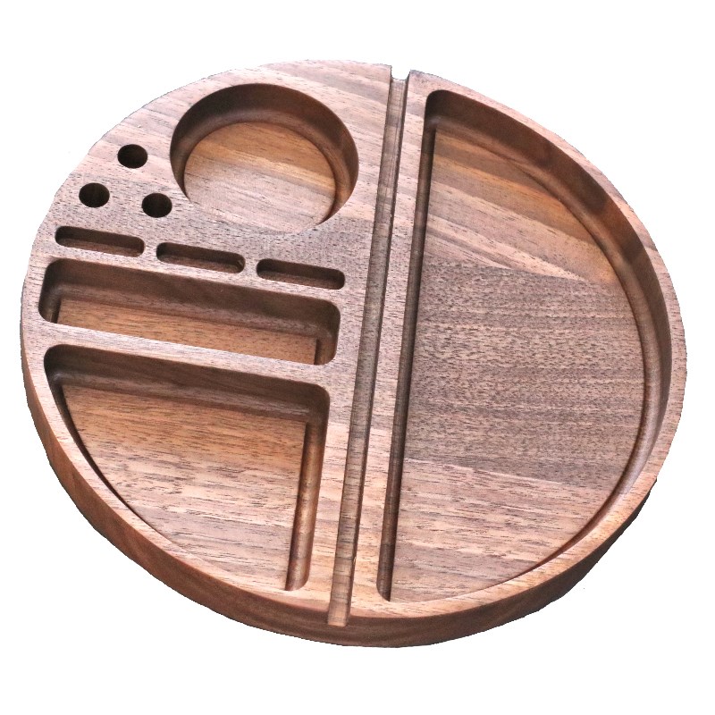 Handcrafted Walnut Rolling Tray- 9" Circular Smoker's Tray - Walnut Rolling Tray