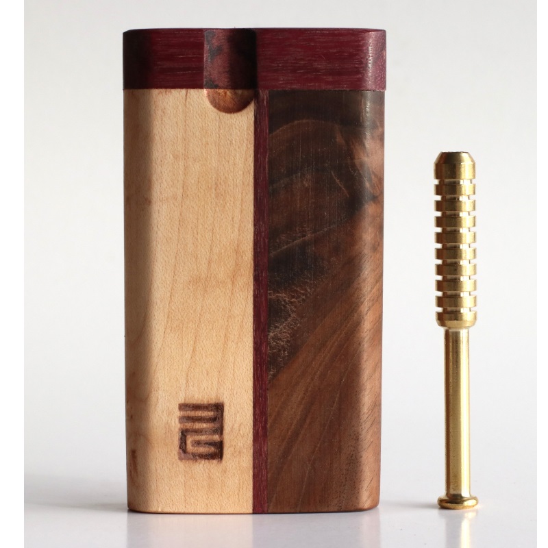 3G Black Walnut & Cherry Dugout- Ribbed Brass One Hitter Pipe- Perfect Gift-American Crafted Stash - 3G Wood Dugout Stash Box