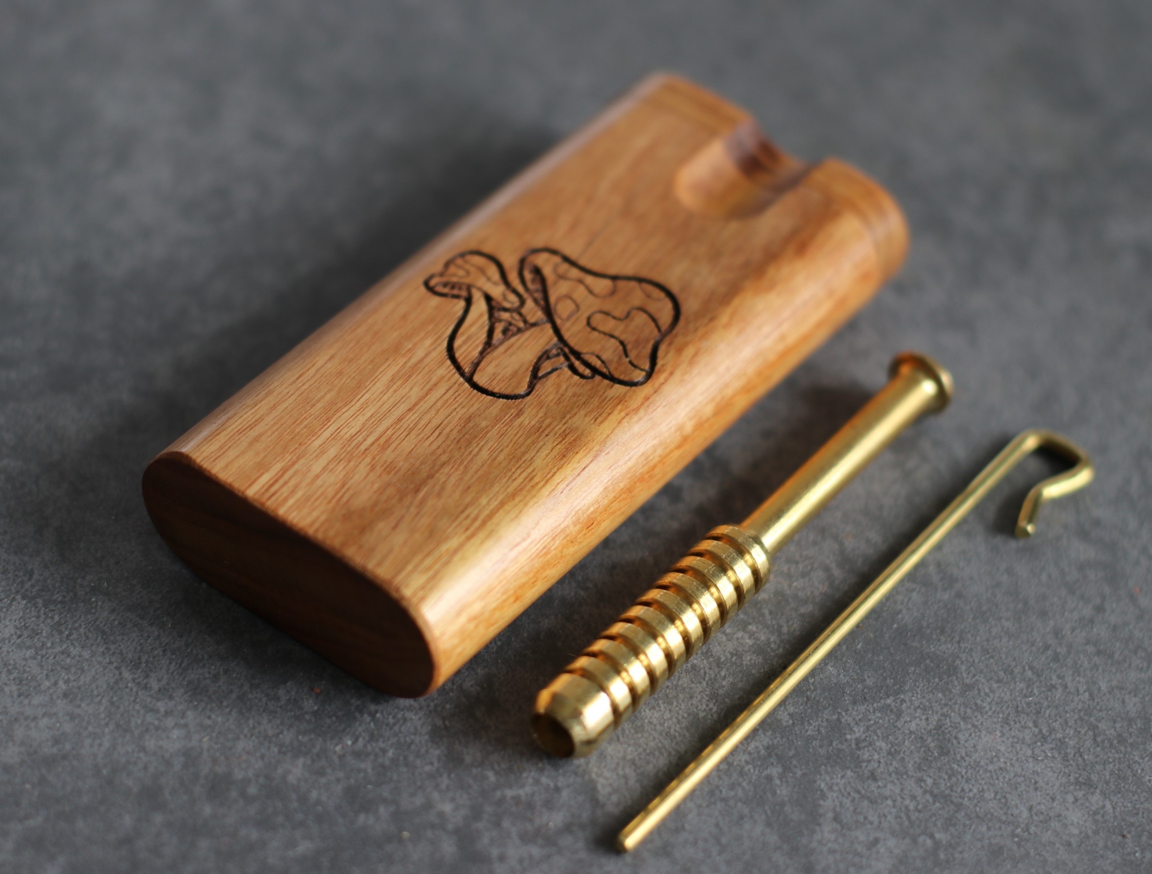4" Teak Wood Swivel Lid Dugout & Brass One Hitter- Best Gift- Mushroom Engraved Dugout