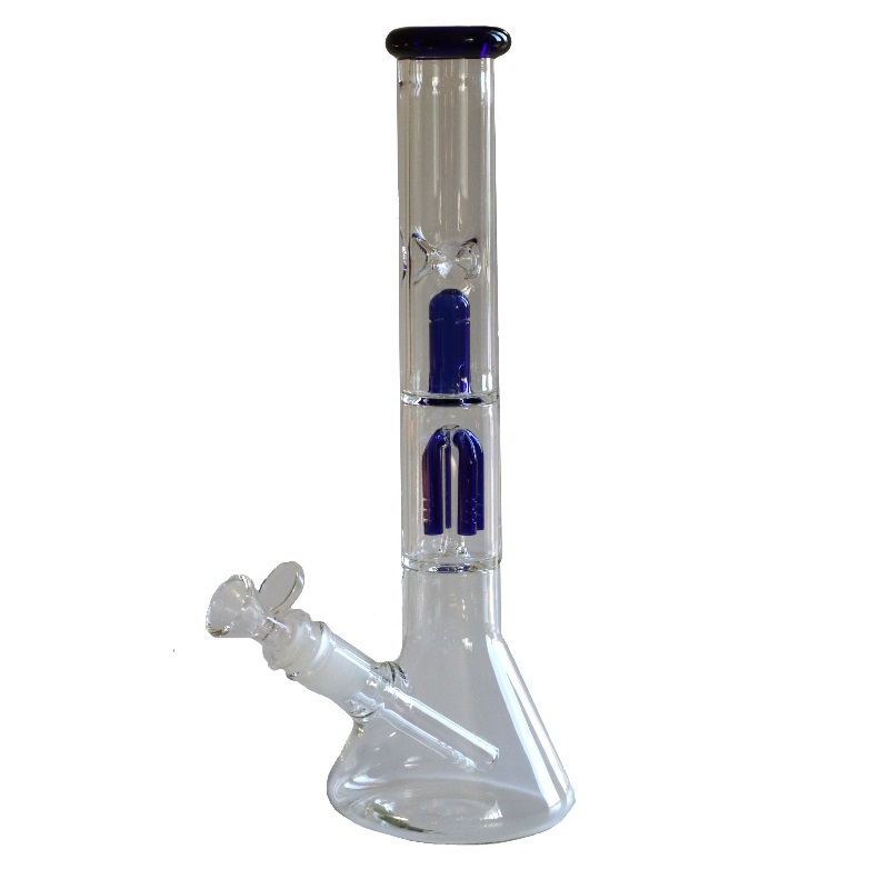 12" Clear Glass Bong-Slider & Herb Bowl-Blue Accents-Top quality Table top water beaker-bong-glass pipe - 12' Glass Beaker Bong