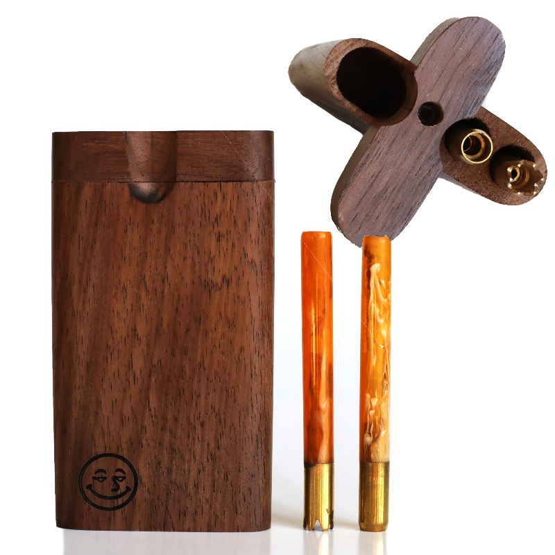 4" Walnut Double Hitter Dugout & Glass Pipe-American Crafted Dugout - Walnut Swivel Lid Dugout-Two Pipe Double Hitter